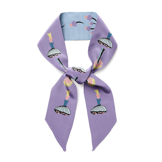 Blue twilly bow ribbon silk scarf with purple mushrooms.