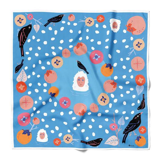 Blue cotton silk bandana with snow monkeys and permissions.