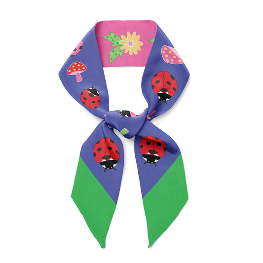 blue and green twilly bow ribbon silk scarf with flowers, mushrooms and ladybugs.