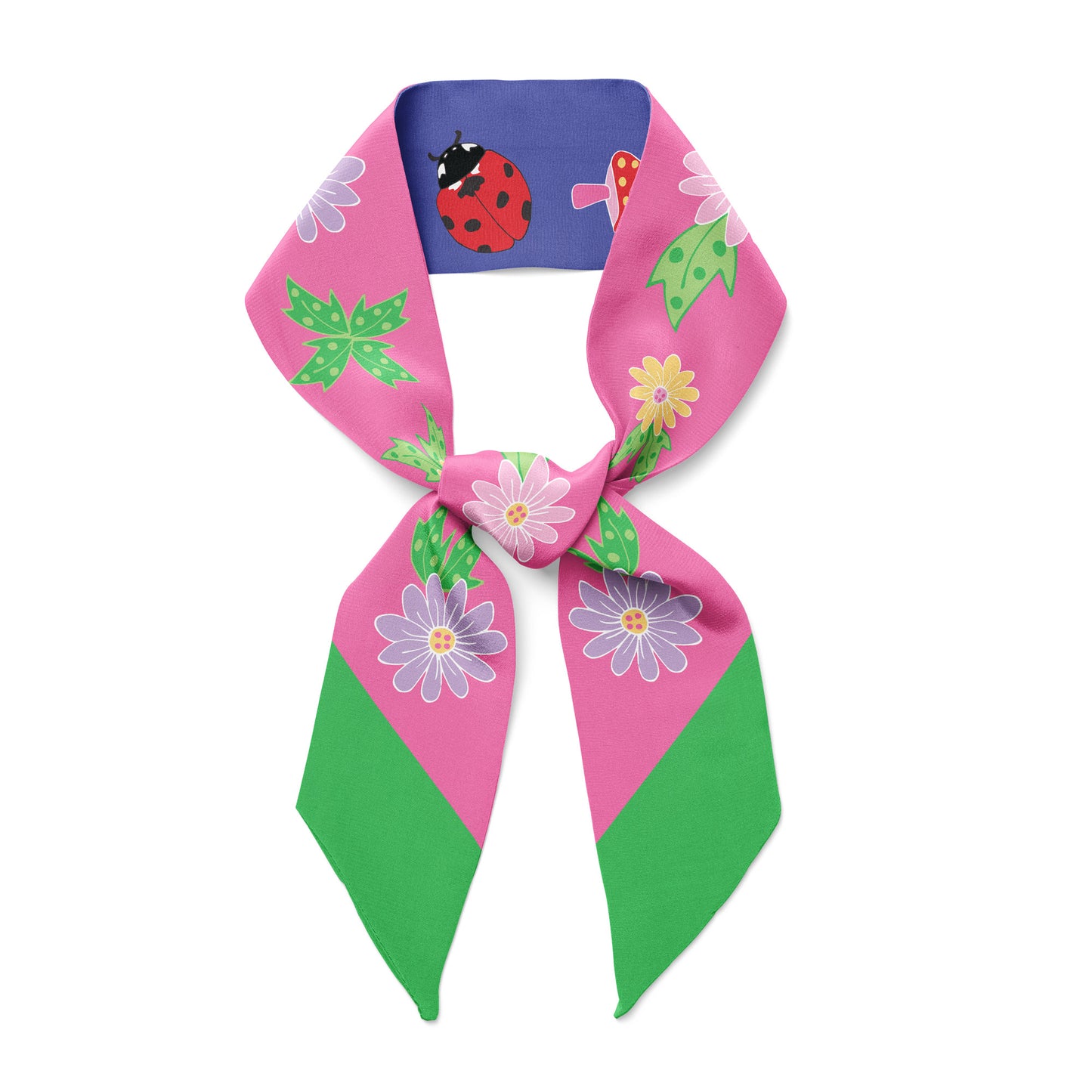 twilly bow ribbon silk scarf with flowers, mushrooms and ladybugs.