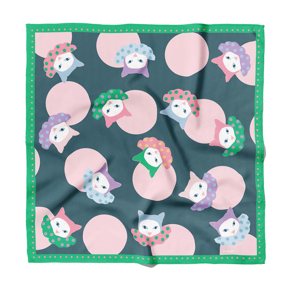 Pink polka dots and cat clowns on cotton silk blend bandana