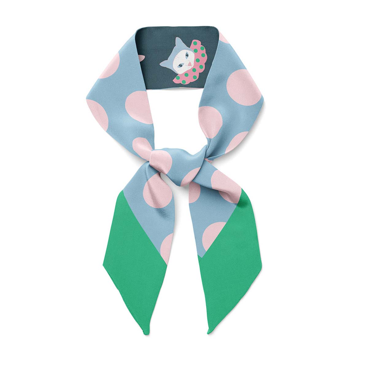 Pink polka dots on blue twilly bow ribbon silk scarf with cat clowns.