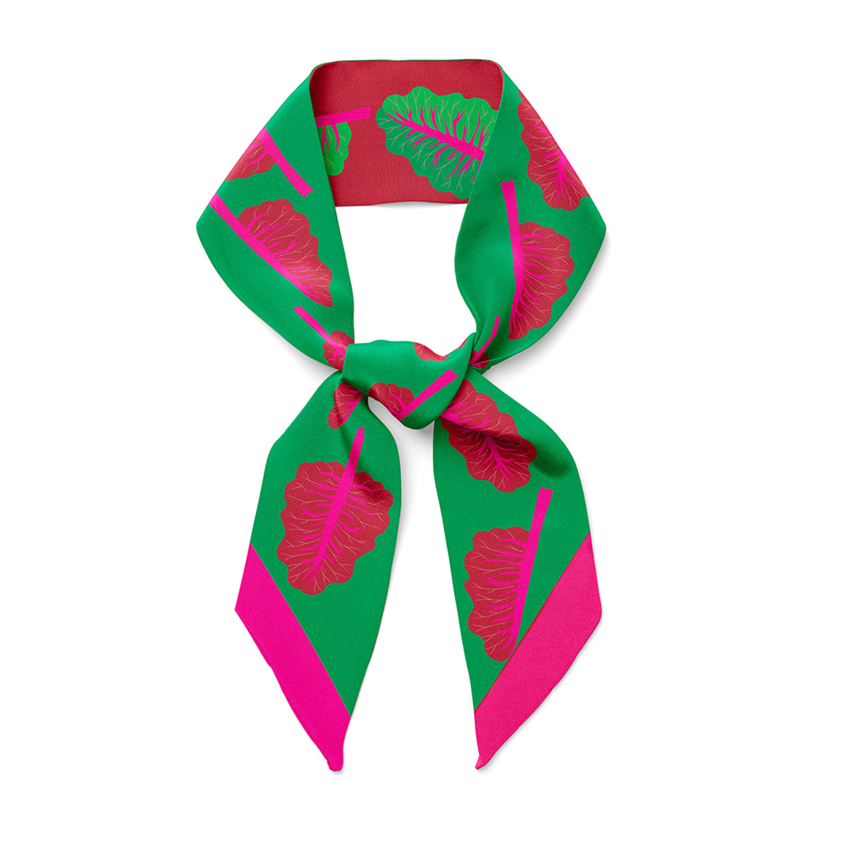 A twilly bow ribbon silk scarf with red chard and neon pink details.