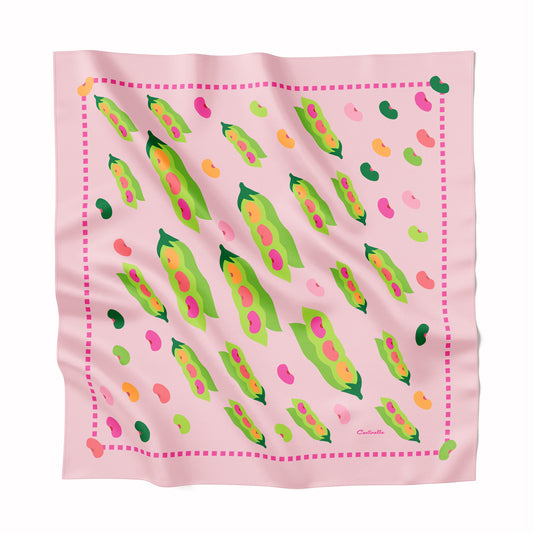 Pink silk scarf with colorful edamame. 