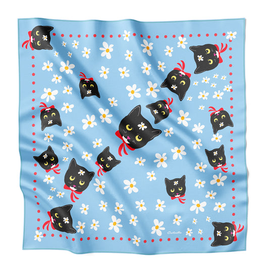 Blue silk scarf with red polka dots and black cats.
