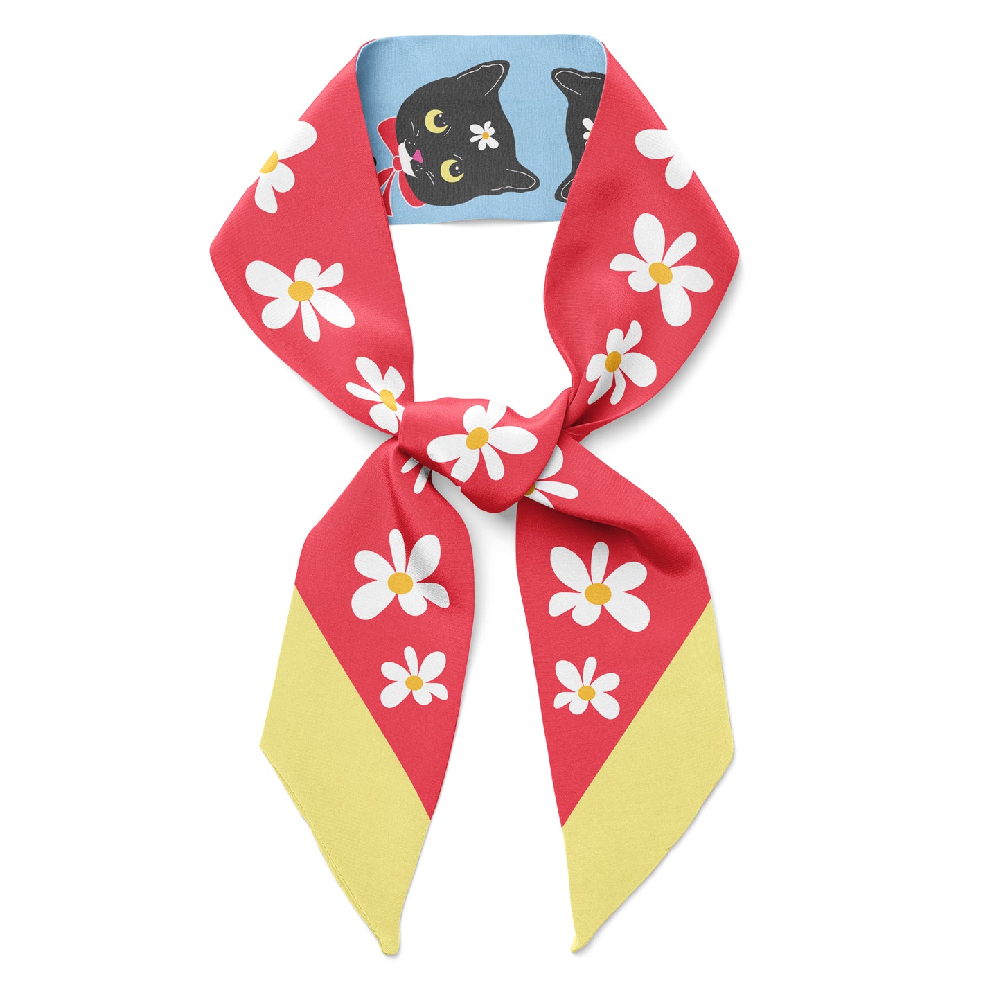 flowers on red and yellow twilly bow ribbon silk scarf.