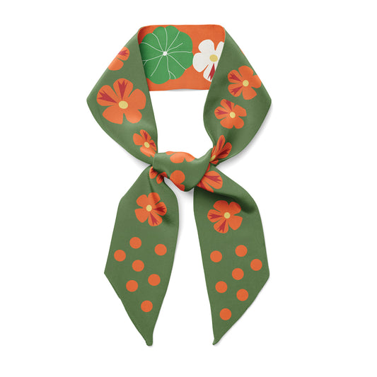 Vibrant and retro Nasturtium Garden twilly bow ribbon silk scarf for hair, neck and more