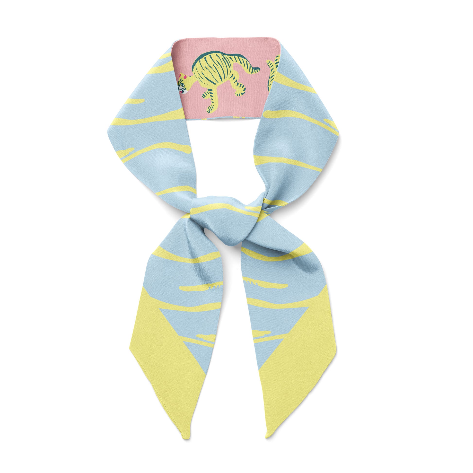 Tied twilly bow ribbon silk scarf pink and blue with yellow tigers and tiger stripes