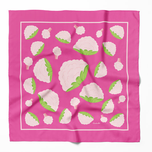 Pink cauliflower on a hot pink cotton silk blend bandana.