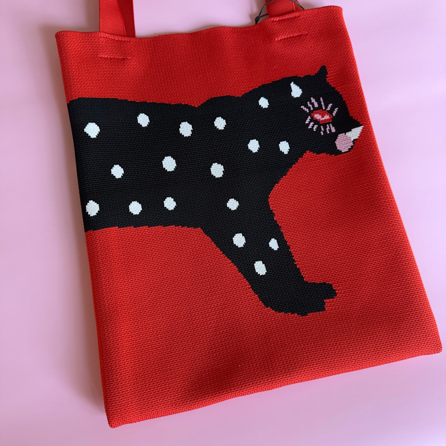 polka cat with polka dots knit tote bag in red and black