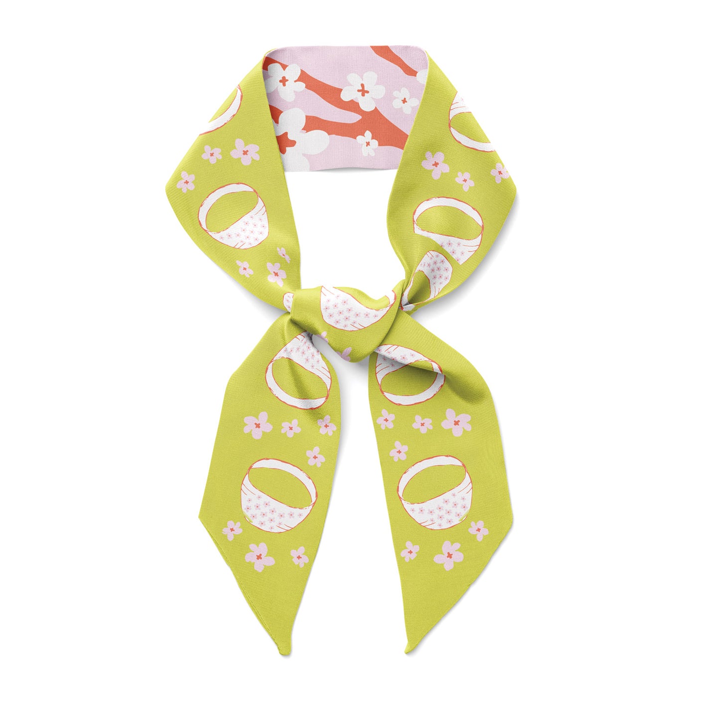 Cherry blossoms and green tea Sakura Matcha twilly bow ribbon silk  scarf double sided accessory