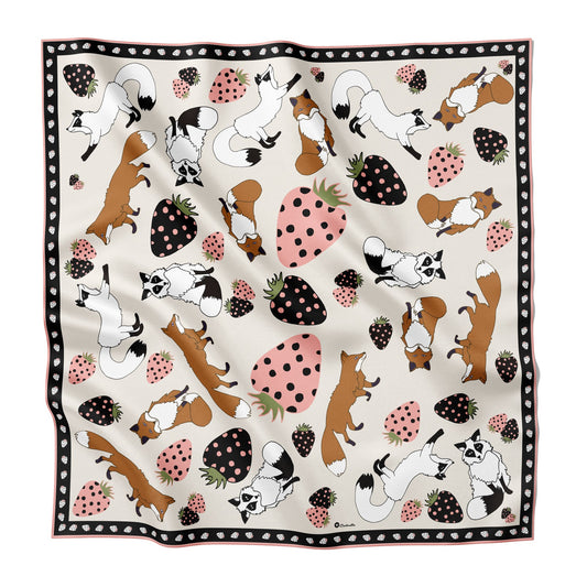 Strawberries and foxes on silk scarf size large.