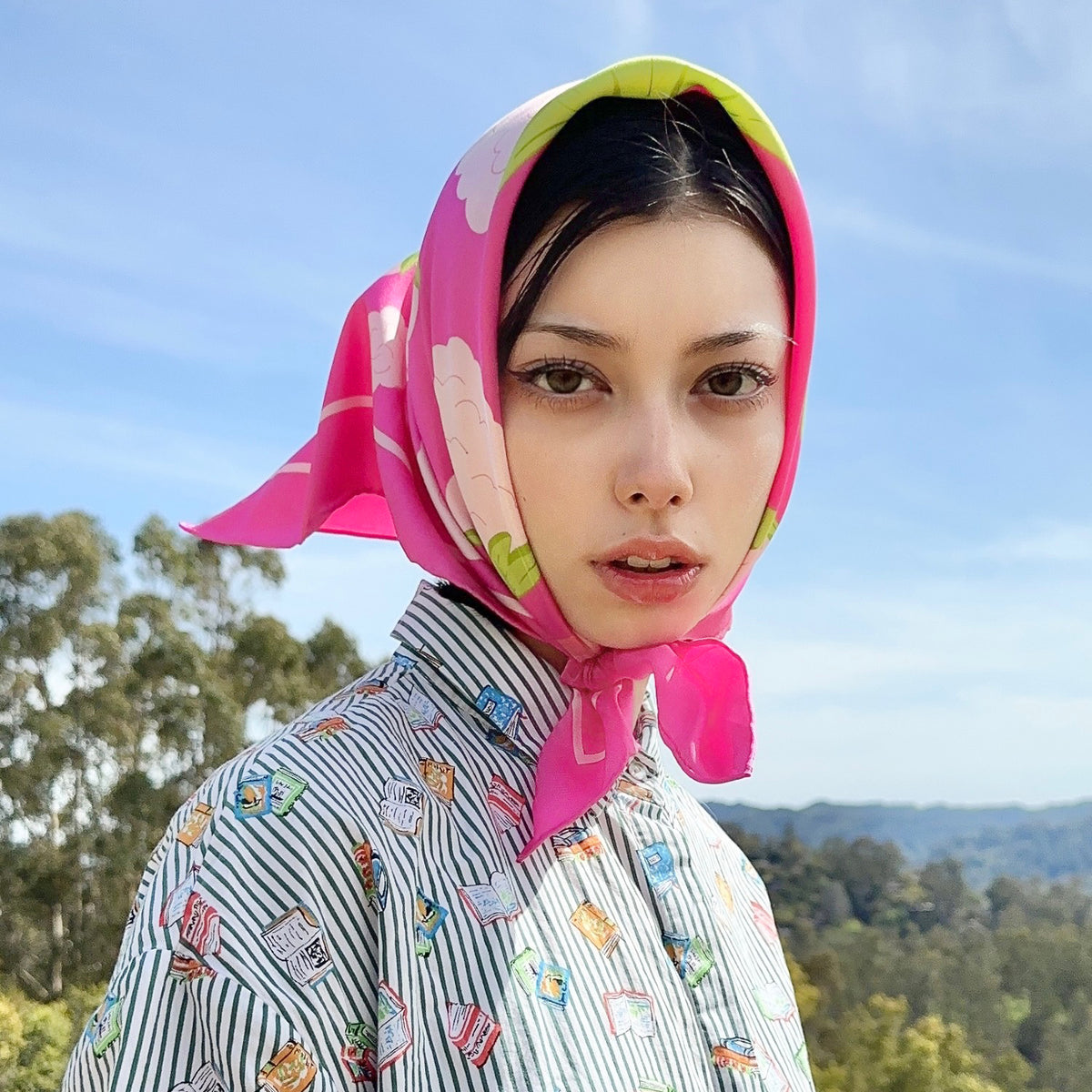 Pink cauliflower on a hot pink cotton silk blend bandana.