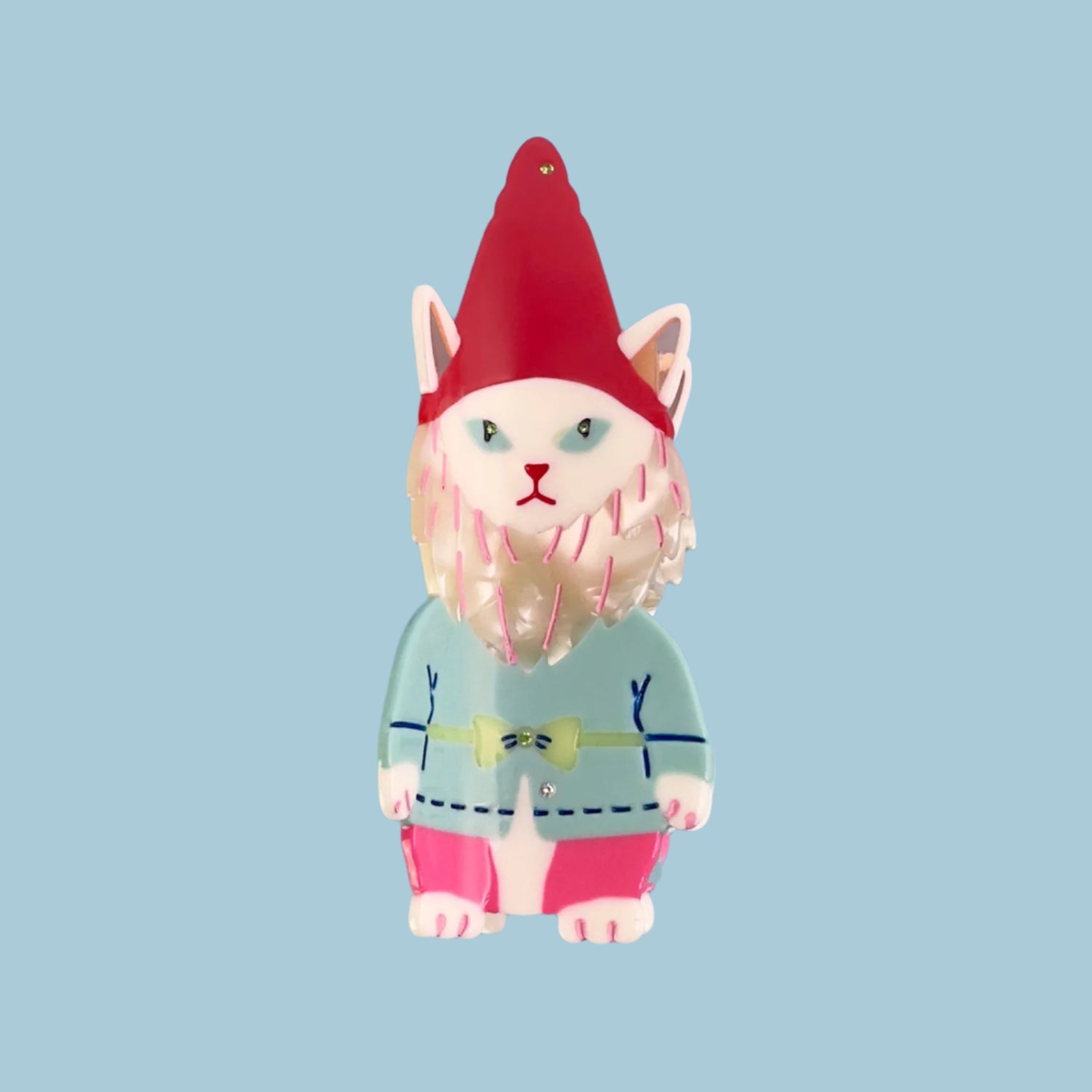 Cat garden gnome From Lawn Ornament to Hair claw Accessory World Traveler in red, blue and pink cellulose acetate from centinelle