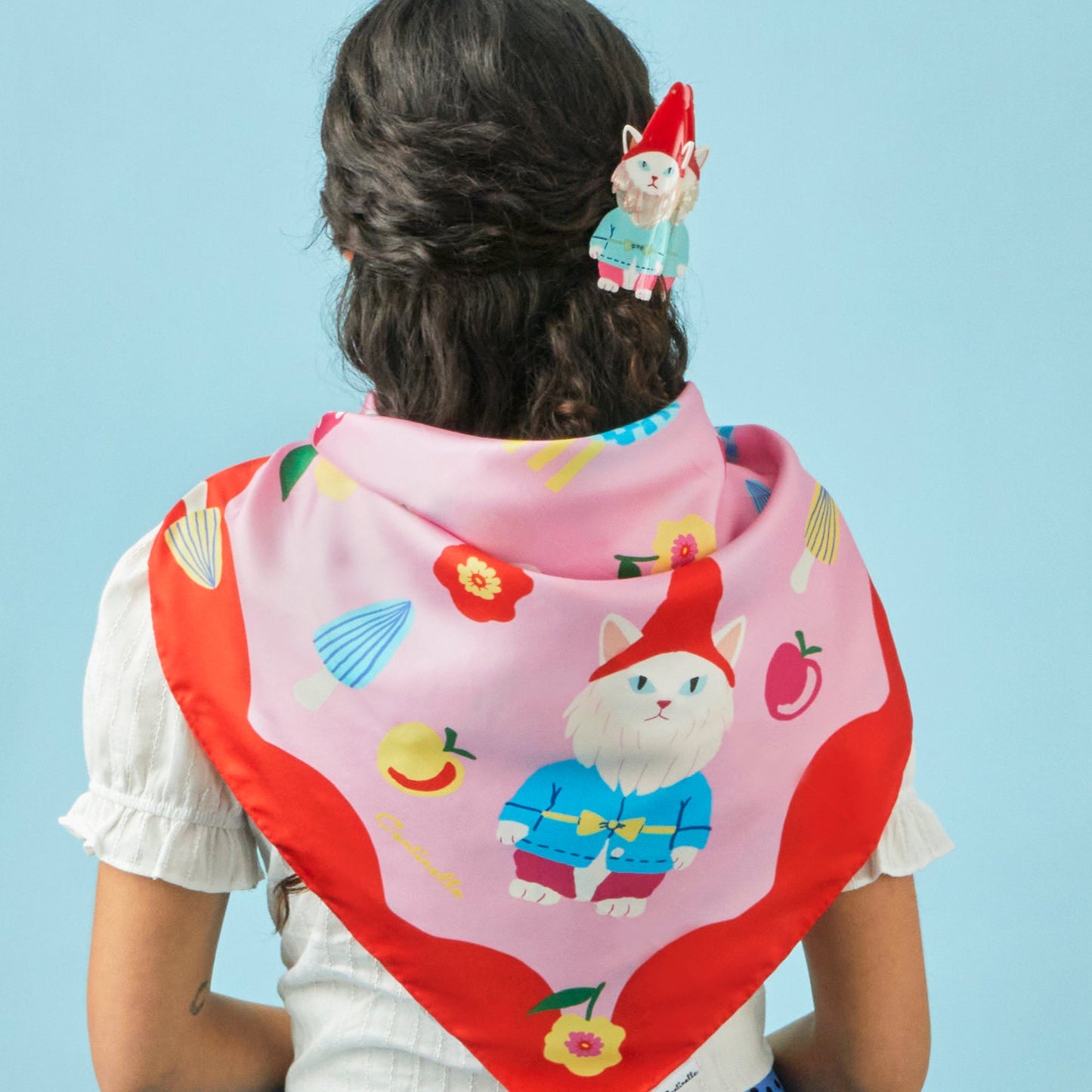 Cat Garden gnome square silk scarf in red, pink, blue and yellow from Centinelle