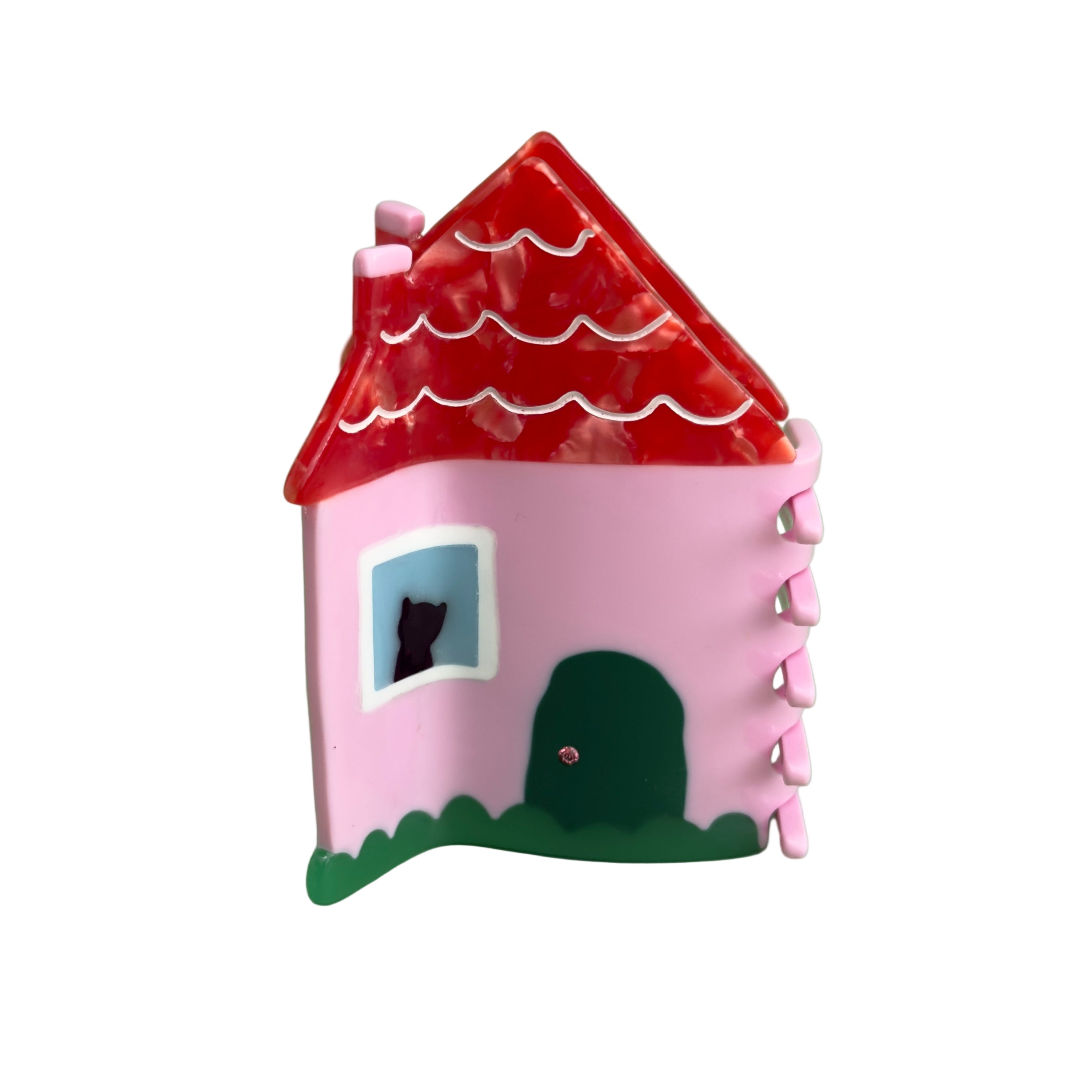 Centinelle House Hair claw clip with a cat on the window pink walls and red roof