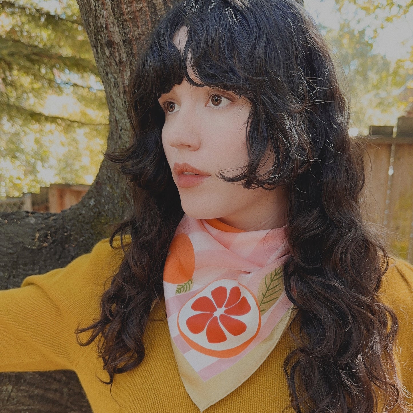 Pomelos on pink striped silk bandana as neck scarf