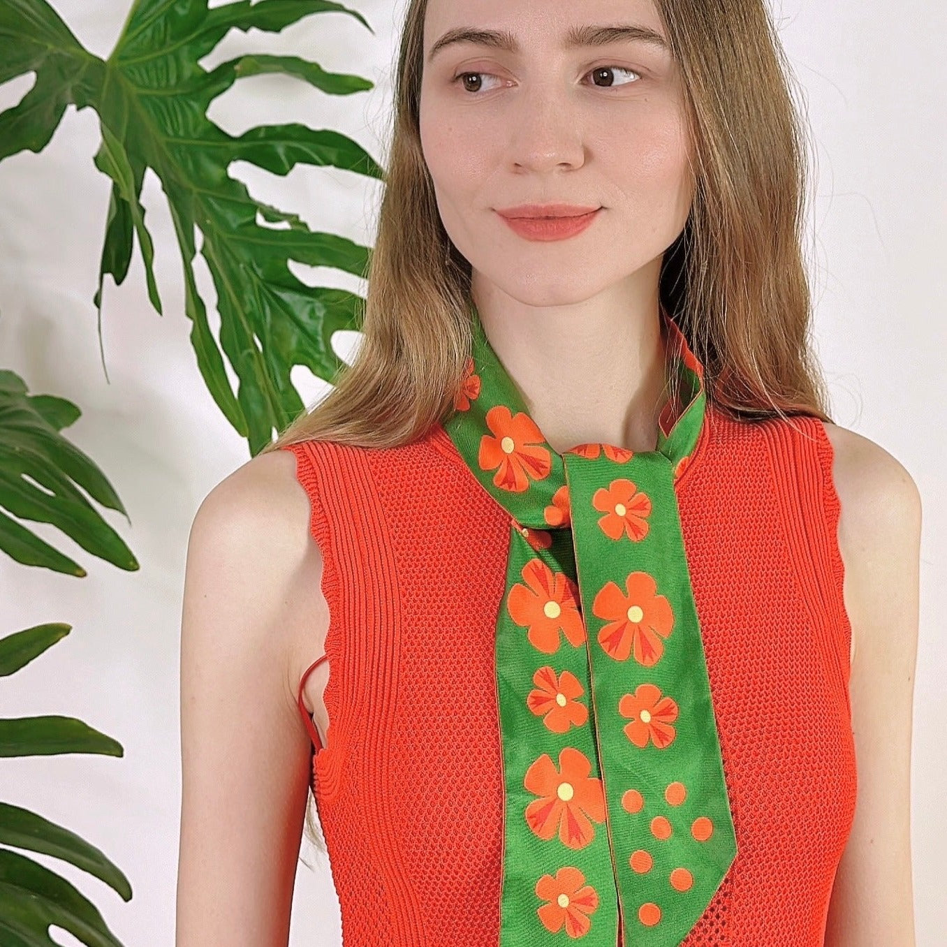 Vibrant and retro Nasturtium Garden twilly bow ribbon silk scarf for hair, neck and more
