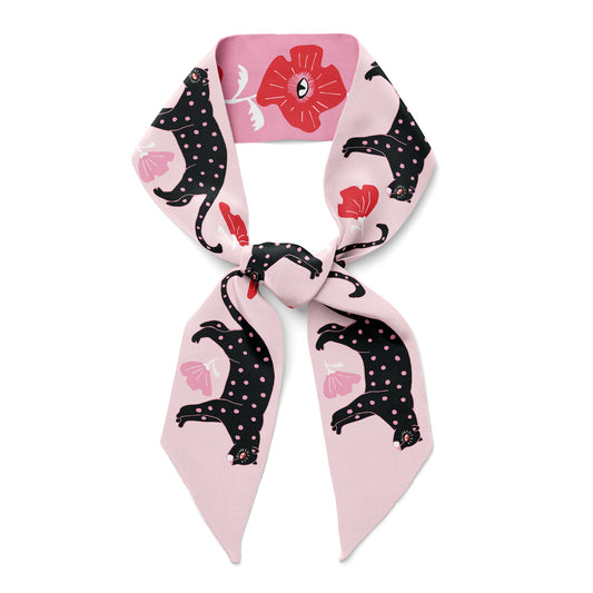 A silk twilly bow ribbon silk scarf with red poppies and black cats.