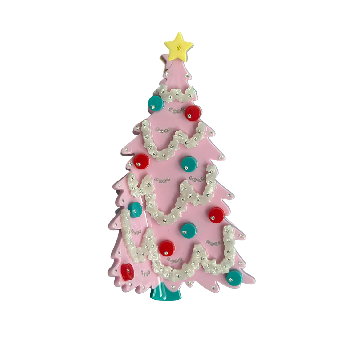 Pink Christmas tree hair claw with festive decorations in blue and red, yellow star and crystals 