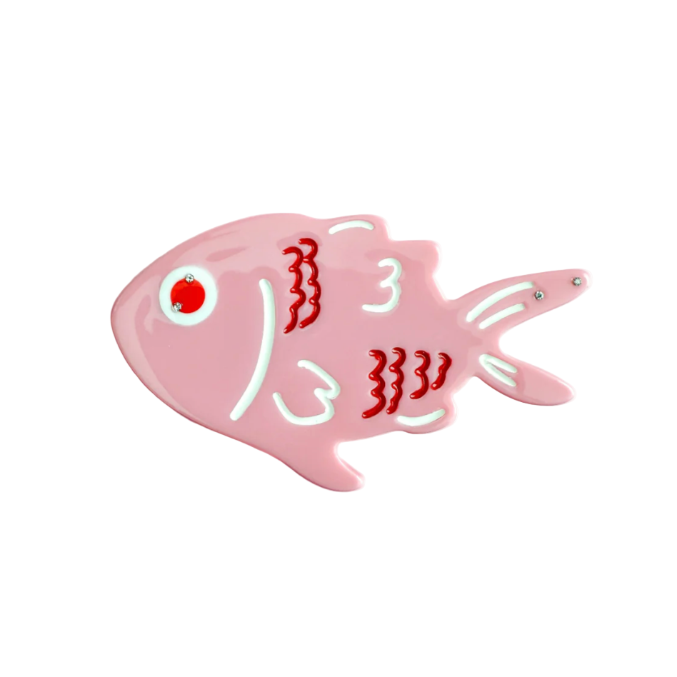 Pink fish hair clip with white and red designs from centinelle