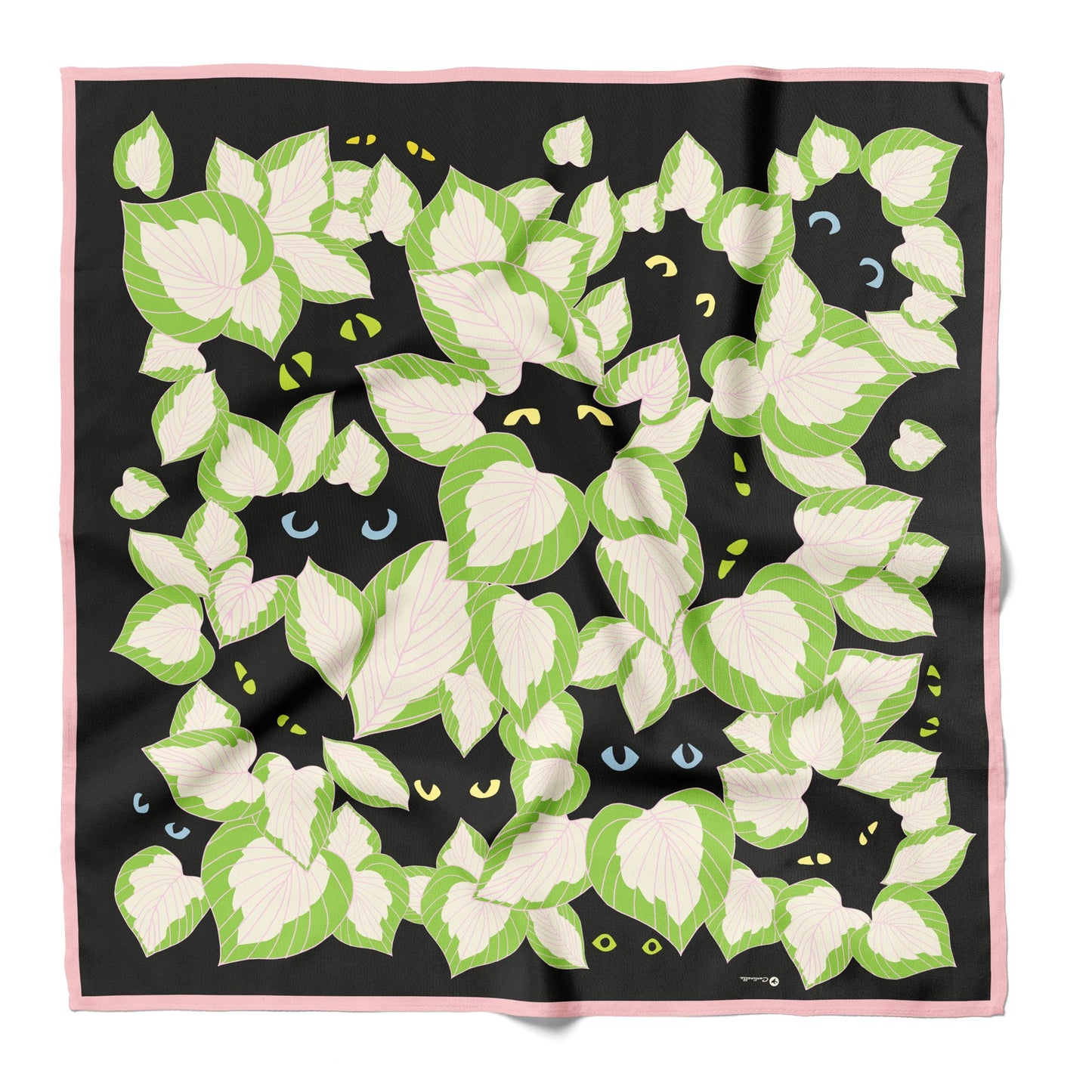 A black silk bandana with cats and white leaves.