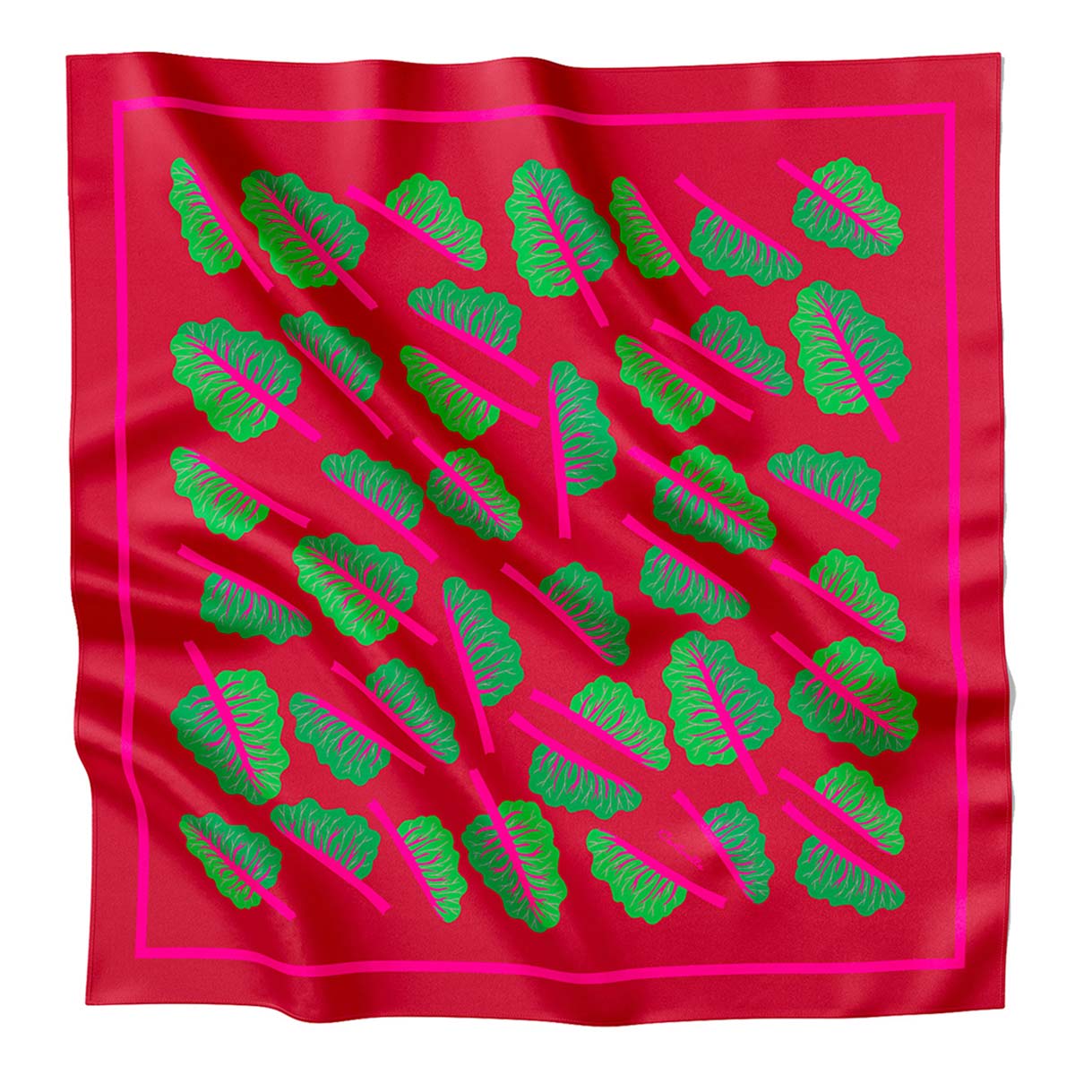 Red silk scarf with green chard and pink details.