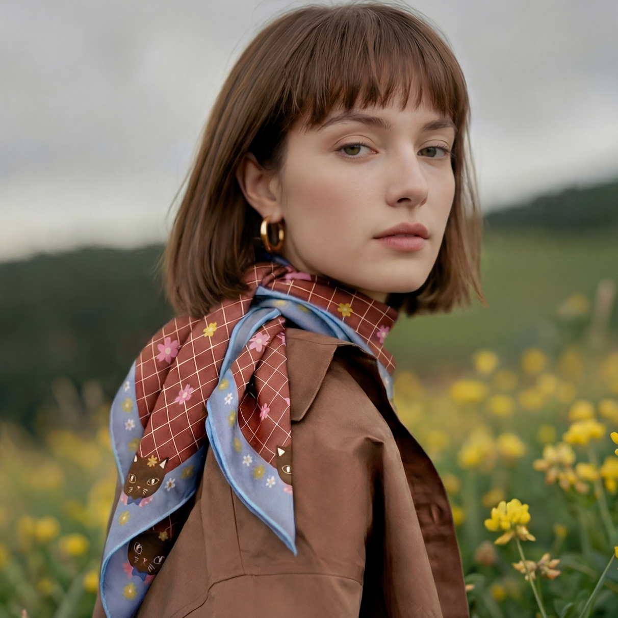 Chat au Chocolat Silk Medium Square Scarf