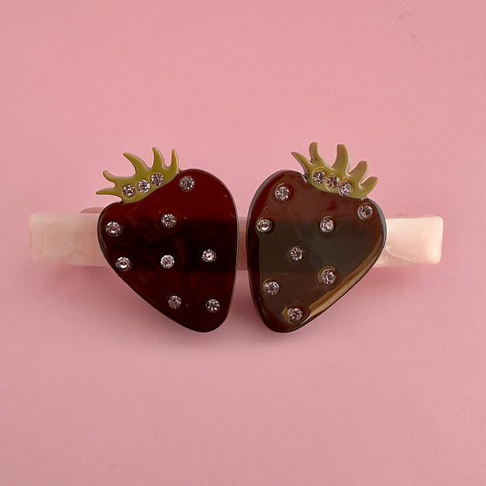Black strawberries hair barrette cellulose acetate with shinny crystals