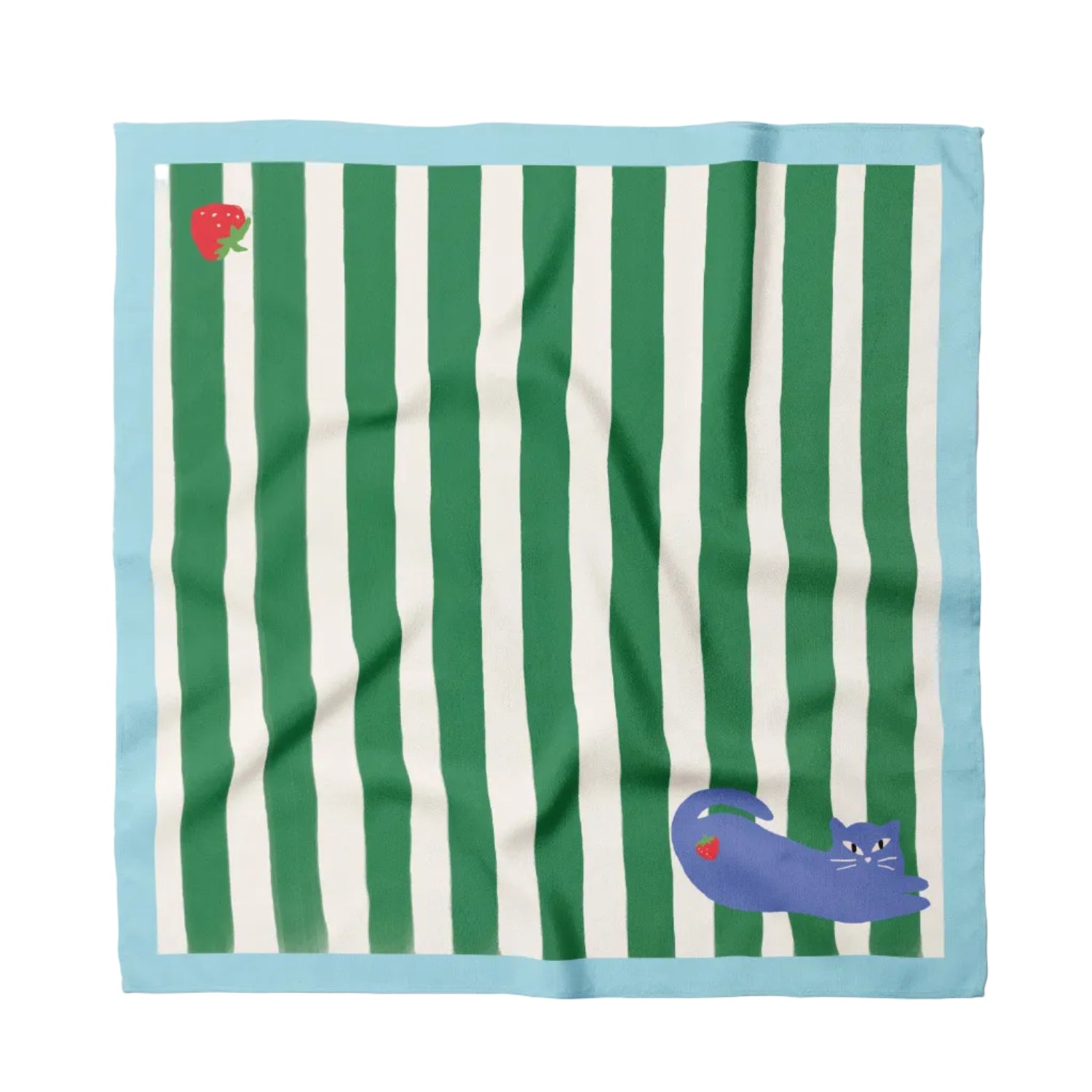 Green and white striped fabric with cat on corner, with cyan blue border and strawberry, on a white background