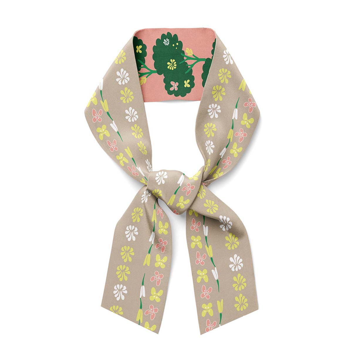 Silk twill beige scarf with flowers.