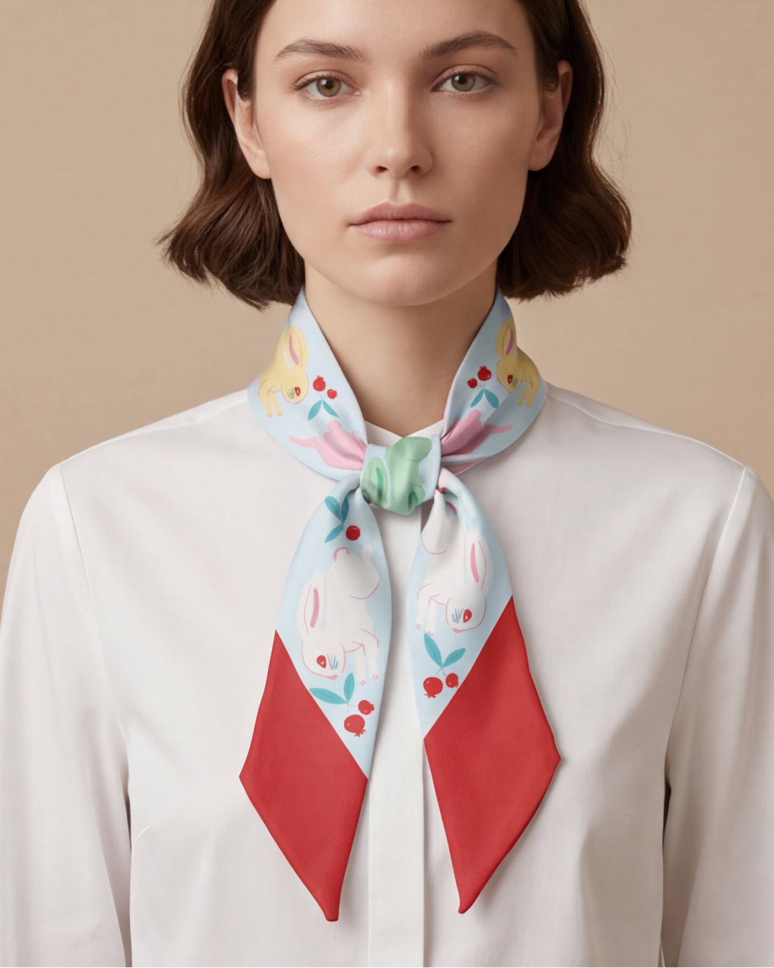 Woman wearing a colorful bunnies twilly  scarf on a beige background