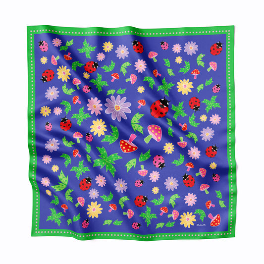 blue and green Silk scarf with flowers ladybugs and mushrooms.