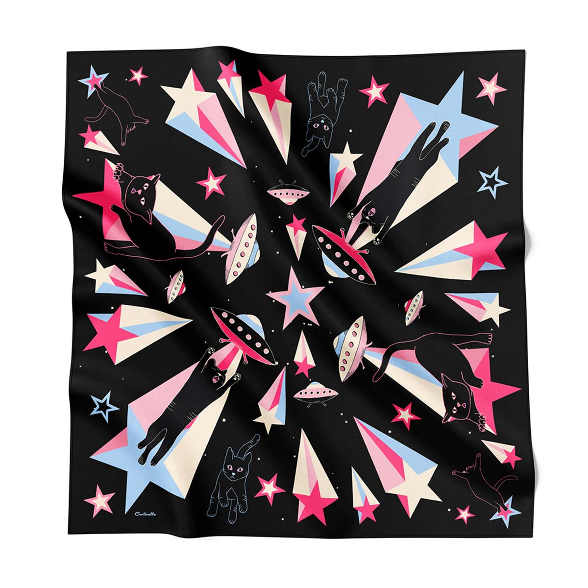 Neon stars and black cats on black silk bandana.