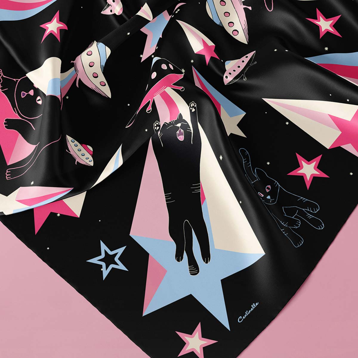 Blue and pink stars and black cats on black silk bandana.