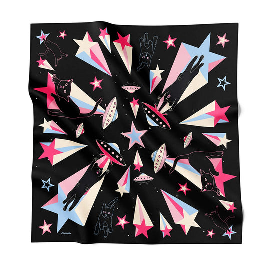 Black bandana with cats, spaceships and stars.