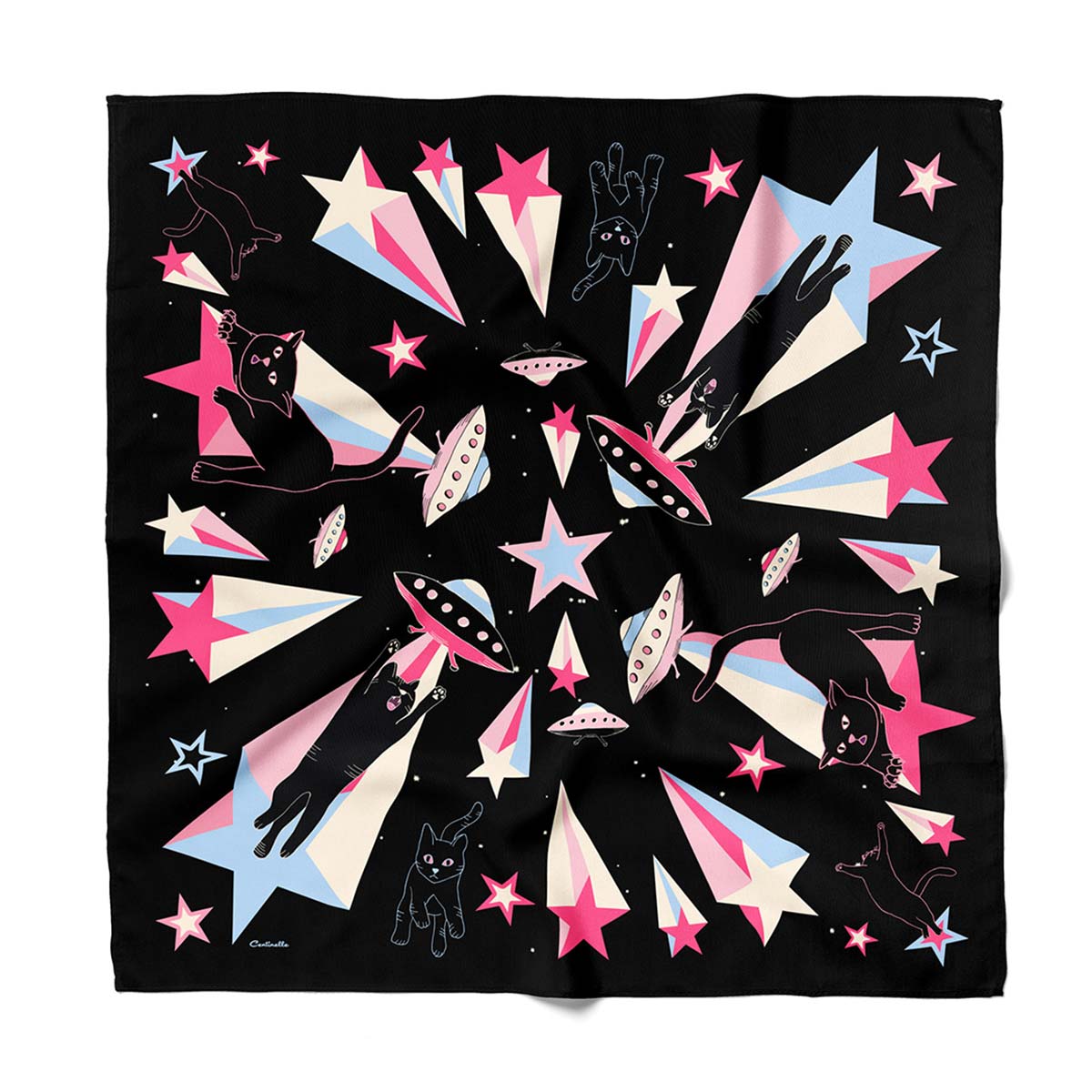 Neon stars and black cats on black silk bandana with spaceships.