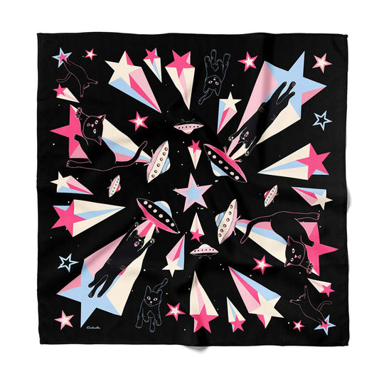 cat abduction Neon stars and black cats on black cotton silk blend bandana with spaceships.