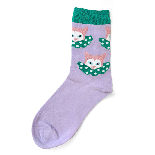 Purple sock with white cat clowns.