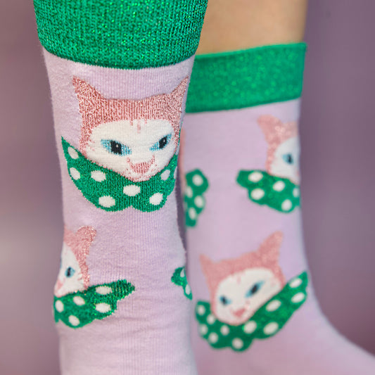 cat clown purple cotton socks with green metallic yarn details