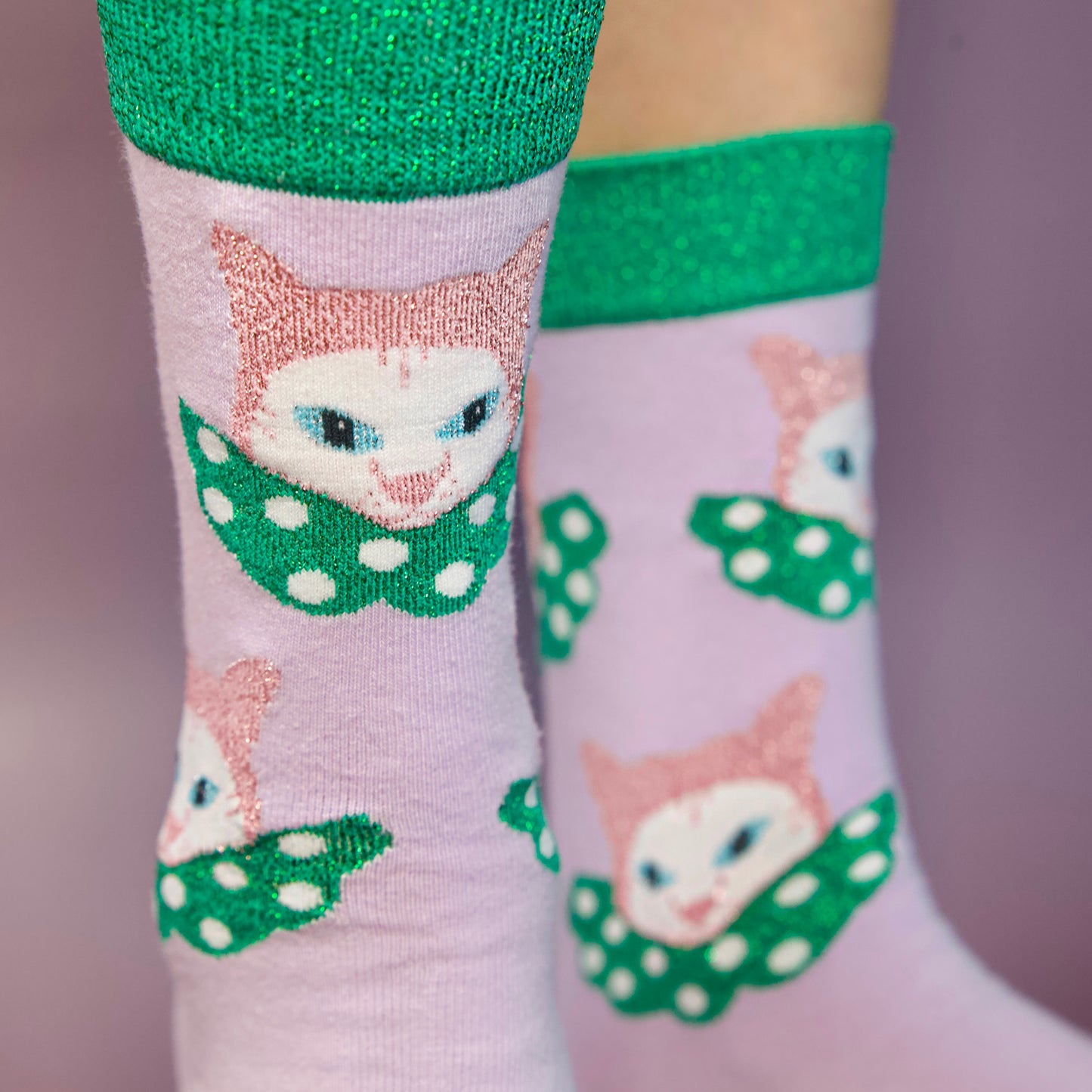 cat clown purple cotton socks with green metallic yarn details