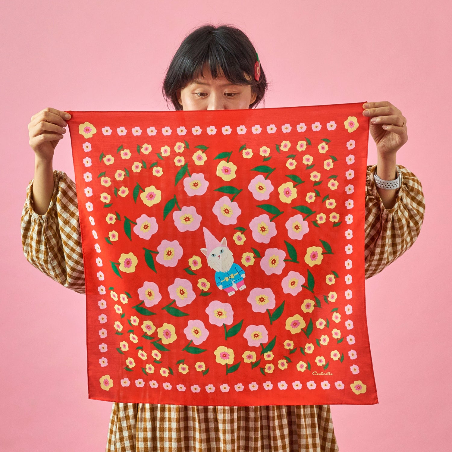 Cat garden gnome cotton silk bandana, floral and wit, on red, pink , green and yellow from Centinelle, perfect hankerchief, neckerchief or headscarf.