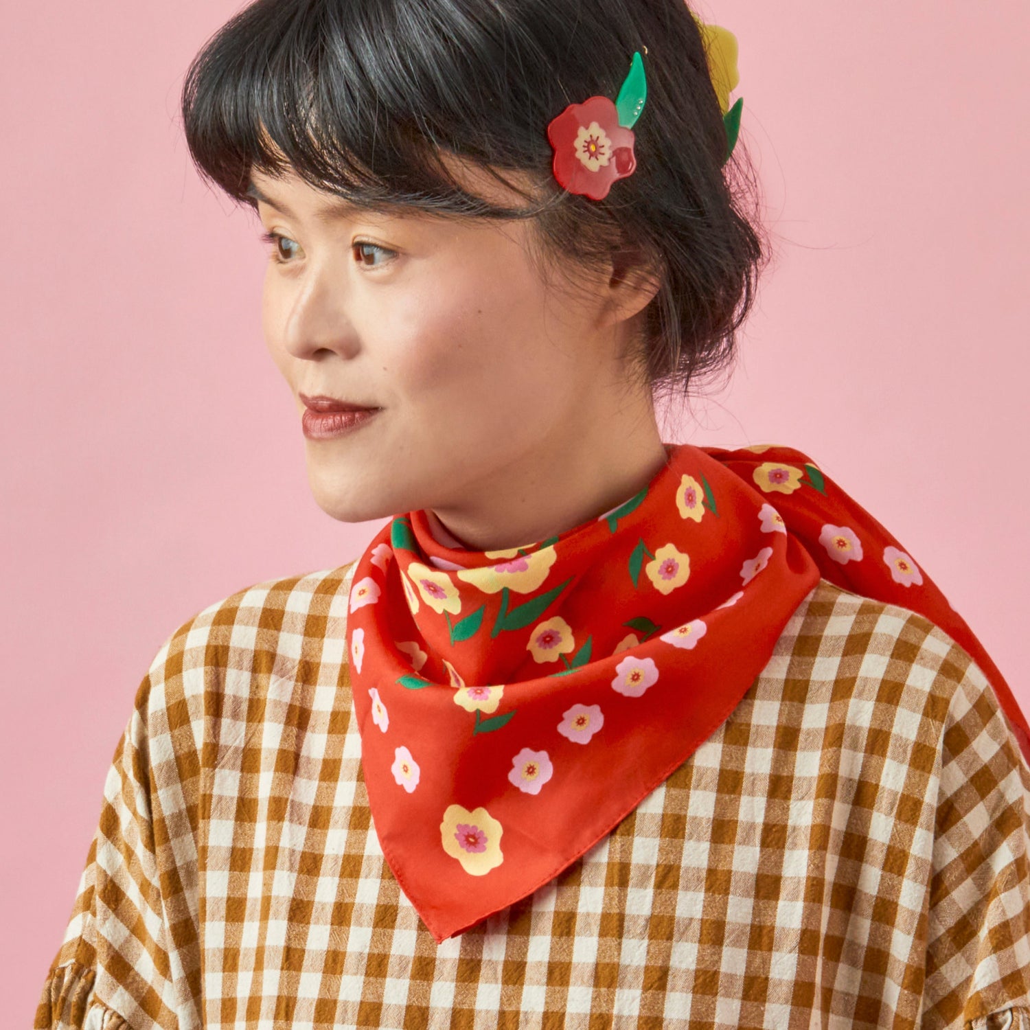 Cat garden gnome cotton silk bandana, floral and wit, on red, pink , green and yellow from Centinelle, perfect hankerchief, neckerchief or headscarf.