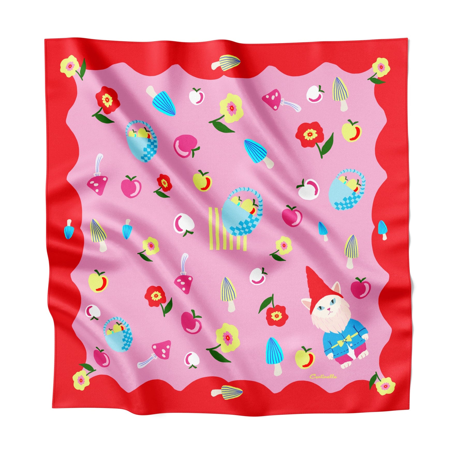 Cat Garden gnome square silk scarf in red, pink, blue and yellow from Centinelle