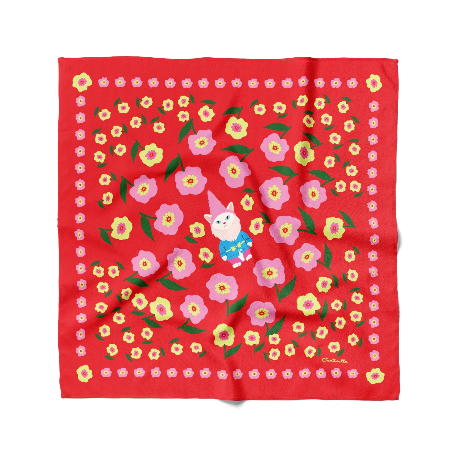 Cat garden gnome cotton silk bandana, floral and wit, on red, pink , green and yellow from Centinelle, perfect hankerchief, neckerchief or headscarf.