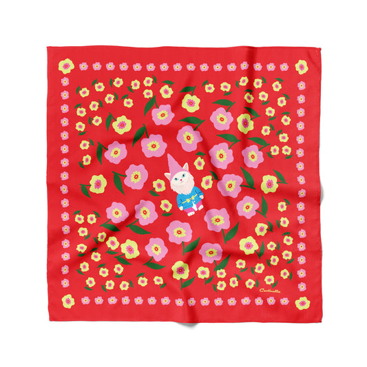 Cat garden gnome cotton silk bandana, floral and wit, on red, pink , green and yellow from Centinelle, perfect hankerchief, neckerchief or headscarf.