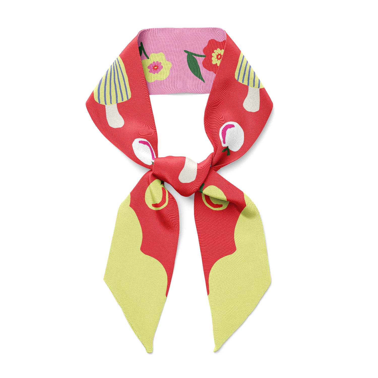 Cat Garden Gnome twilly silk scarf floral, mushrooms and picnic fruits vibes from Centinelle