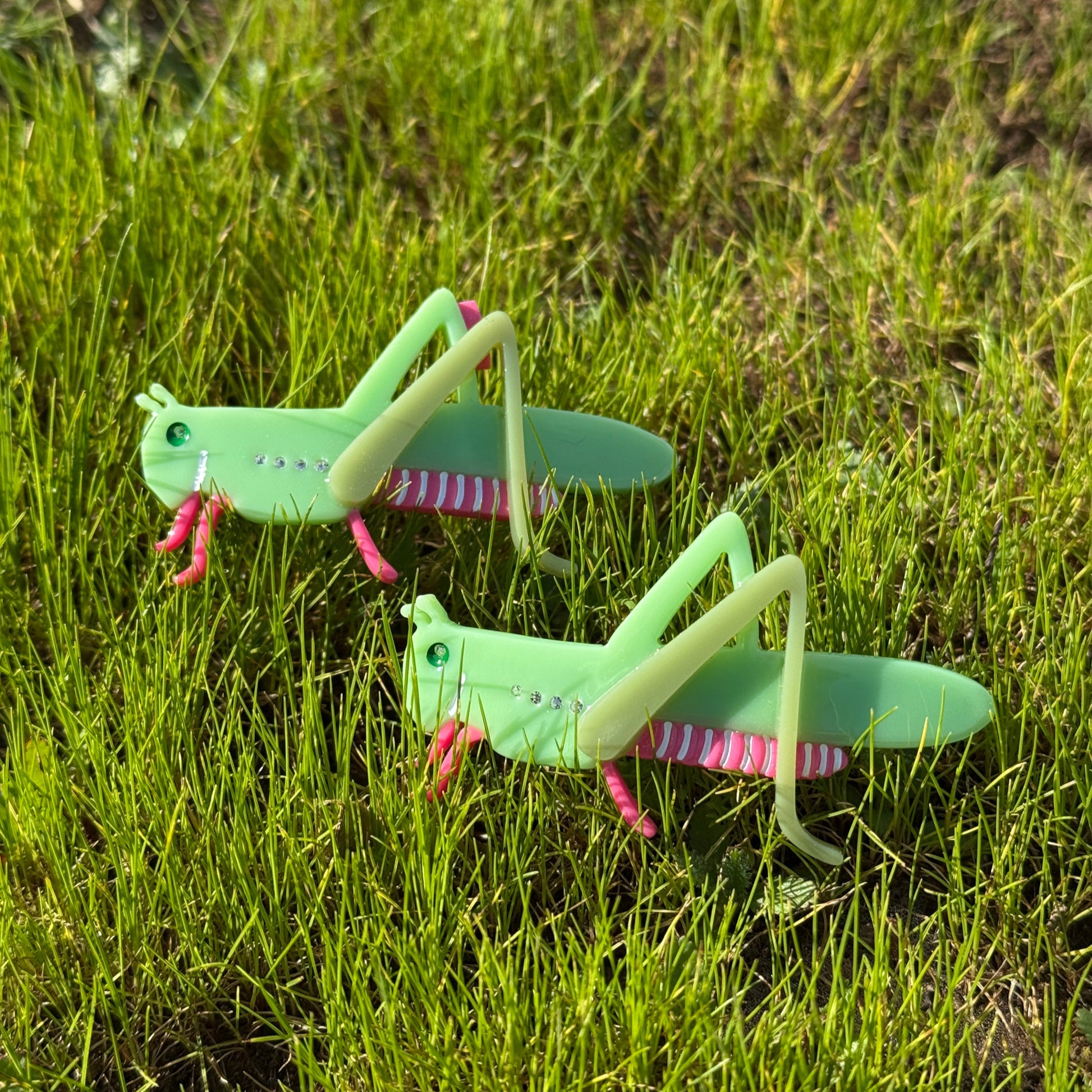 Chapulin Grasshopper hair barrette on green and pink, hair clip from Centinelle