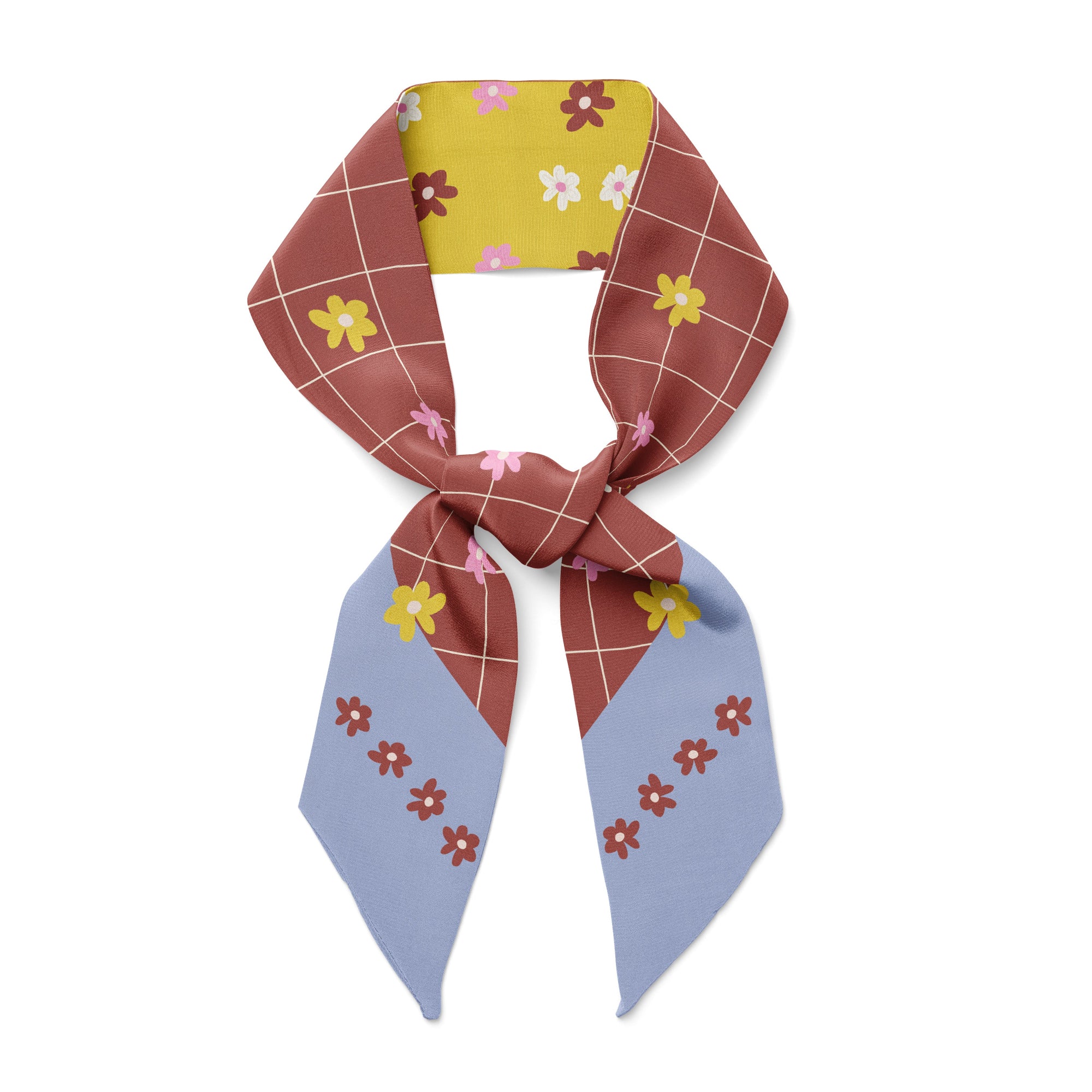 Yellow and blue with flowers silk twilly scarf with a chocolate cat  pattern on a white background