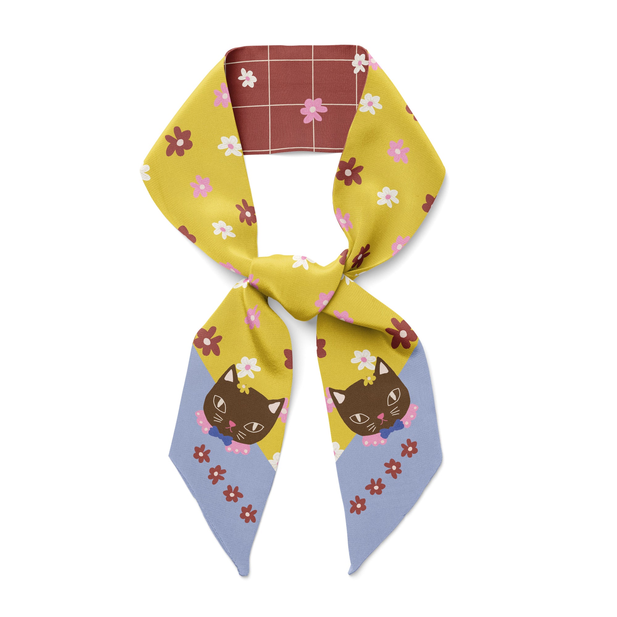 Yellow and blue with flowers silk twilly scarf with a chocolate cat  pattern on a white background